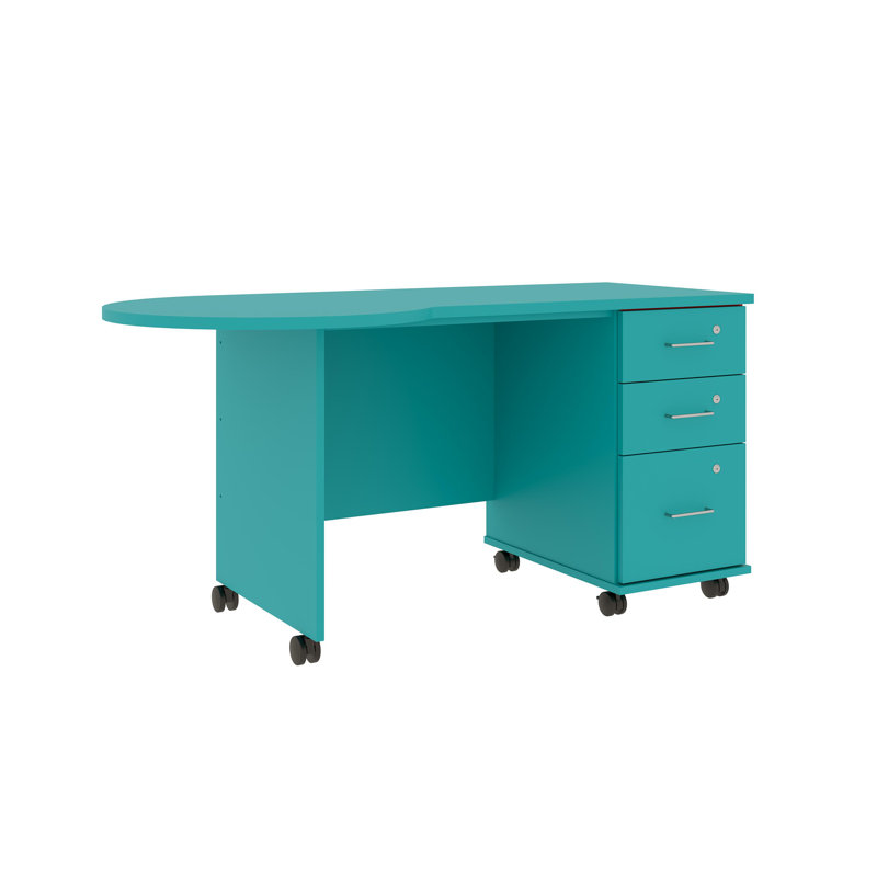 Bureau mobile avec plateau de péninsule et tiroirs de rangement verrouillables - poste de travail roulant, Océan