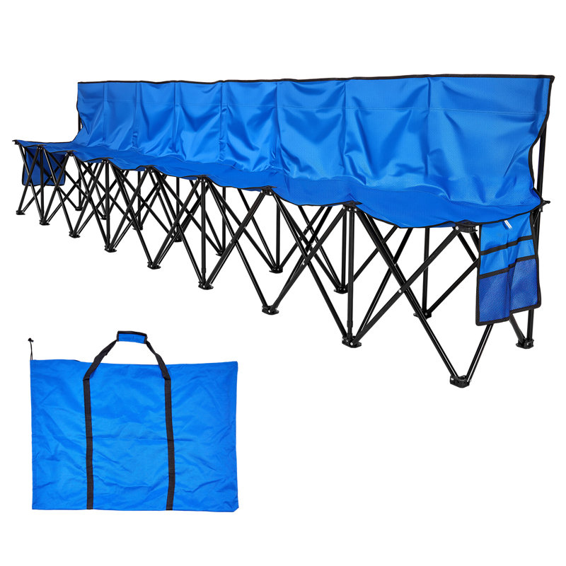 Folding Chair Sport 8 Seat Sideline Team Bench w/ Sidebag Carry Bag Blue