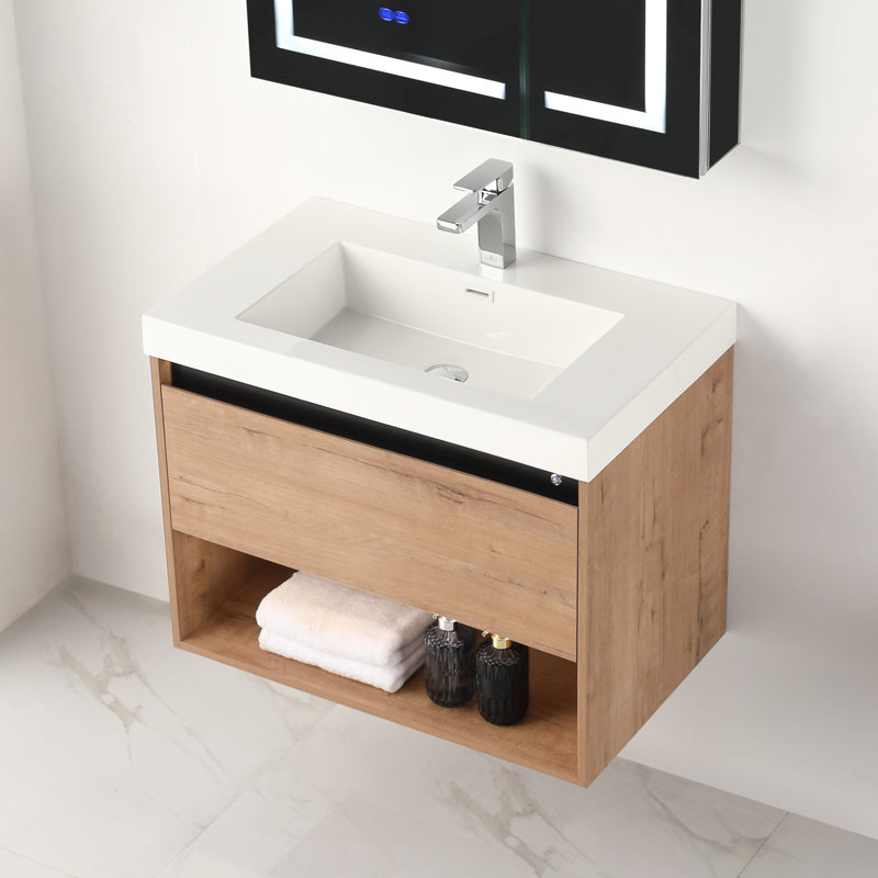 Meuble-lavabo flottant 30 po avec lumières DEL Khaleia - Armoire murale en bois avec lavabo en acrylique, rangement à fermeture en douceur et lavabo intégré moderne