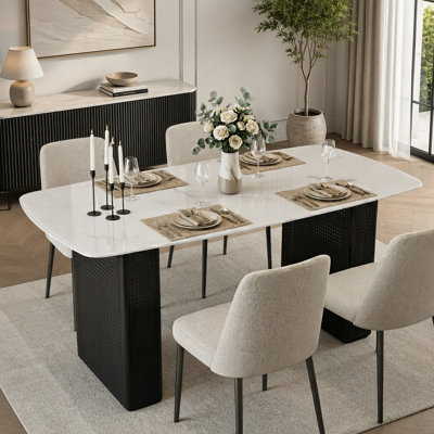 Modern Rectangular Tempered Glass Dining Table, Marble-Patterned Design with Black Dual-Pedestal Metal Base, Ideal for Dining Room & Home Office