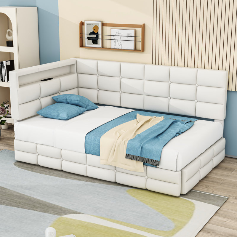 Twin Upholstered Daybed with Charging Station, LED Lights, and Storage Drawers, Beige