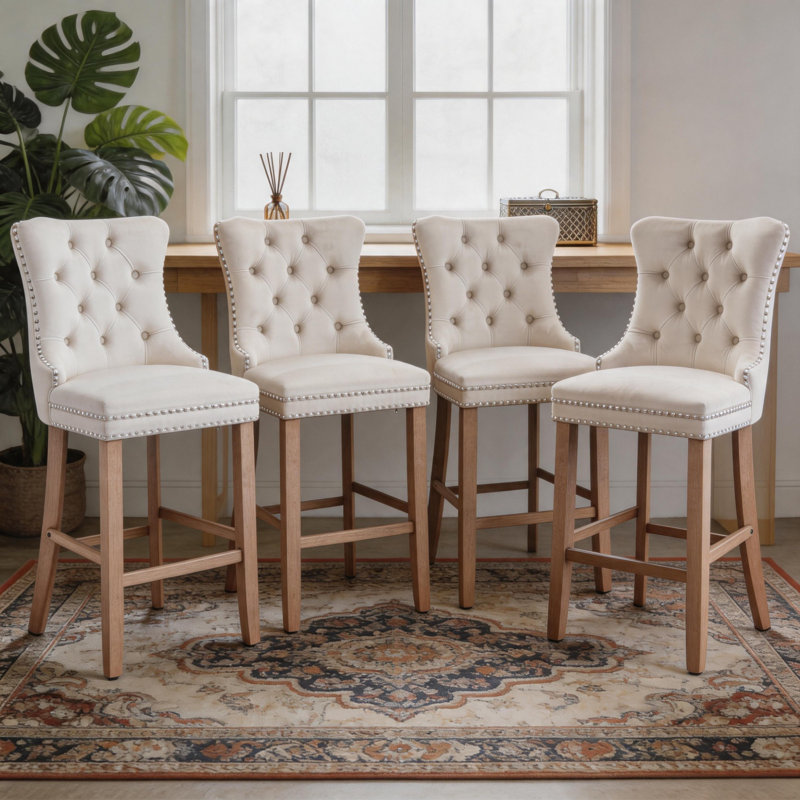 Velvet Kitchen Island Chairs Counter Height Barstools Set of 4, Light Blue, 4, Natural