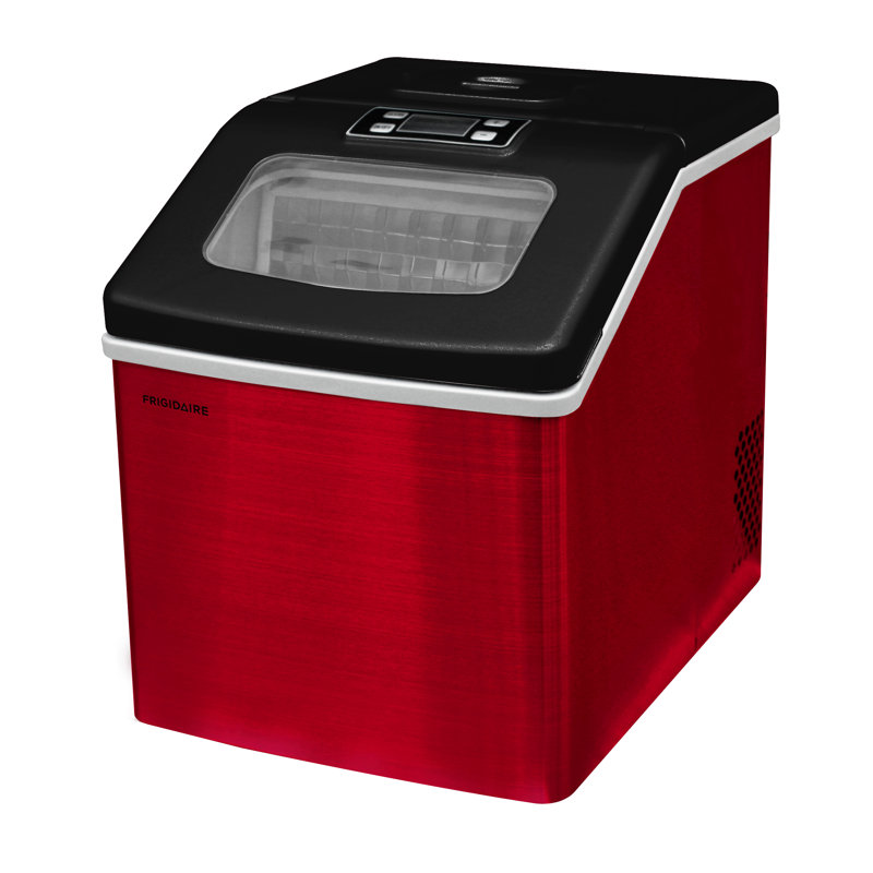 Frigidaire Countertop Stainless Steel Ice Maker with Transparent Window, Clear Ice Cube Maker, 40 lbs., Red Stainless