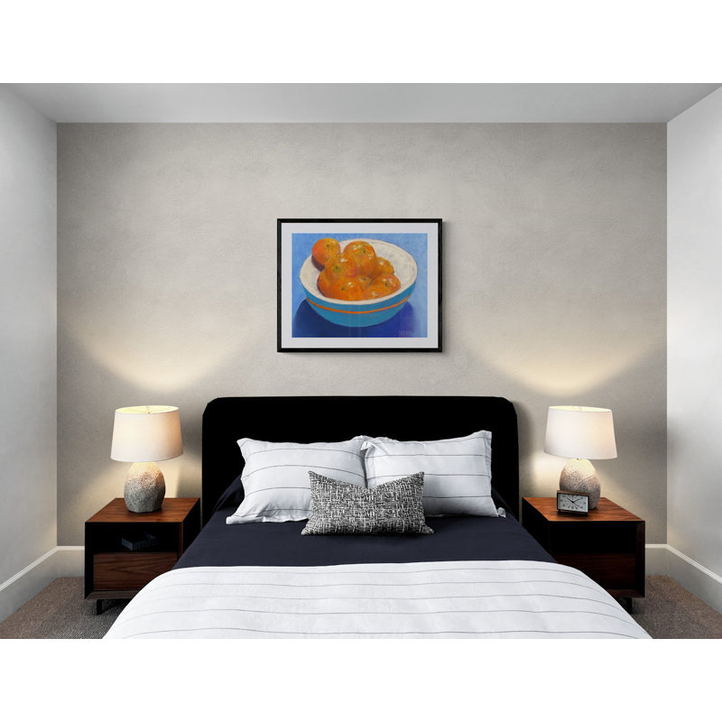 Tangerines dans un bol bleu par Dina Gardner, 24" H x 32" W, Papier avec cadre noir