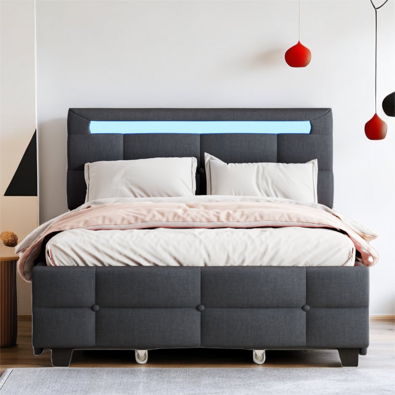 Lit plateforme tapissier avec cadre à DEL et 2 tiroirs, Double, gris