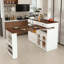 Îlot de cuisine avec table extensible et rotative, panneau de fibres à densité moyenne avec placage de noyer au design rétro, 4 tiroirs et armoires à portes en verre avec prise intégrée, station de repas extensible pour 2 à 4 personnes