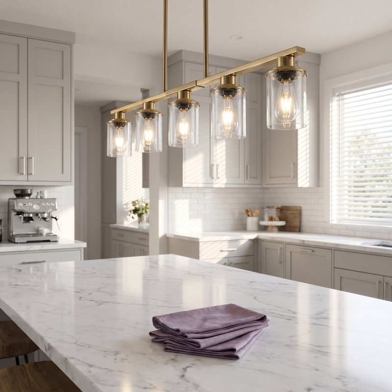 37'' 5-Light Gold Kitchen Island Chandelier Farmhouse Linear Pendant Light with Glass Shades, Gold