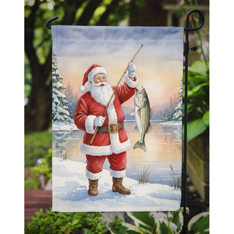 Fishing Santa Claus with Striped Bass Christmas Garden Flag, Garden Size, Fishing Santa Claus with Striped Bass