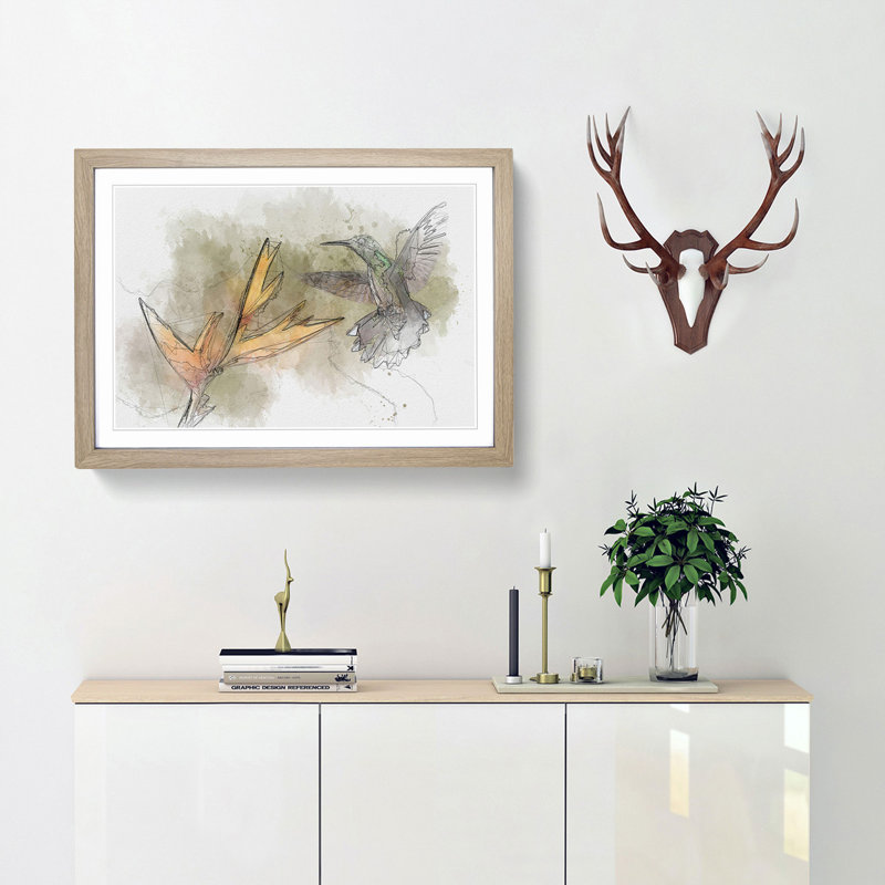 Hummingbird by a Flower in Abstract - Picture Frame Graphic Art Print, Oak, 60cm H x 91cm W x 2cm D