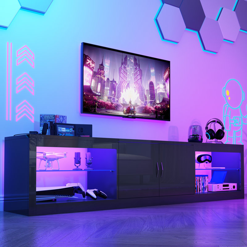 86 Inch High Gloss Led Tv Stand For 90 Inch Tv With Adjustable Glass Shelves Two Cabinets