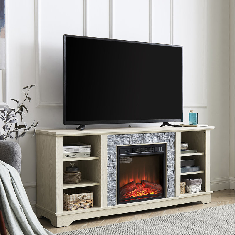 Support pour foyer électrique en pierre, encastrable 18 po, blanc, pour téléviseur de 65 po, console de rangement avec télécommande