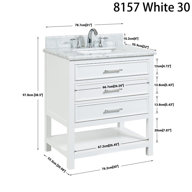 Manhattan 30" Single Vanity With Carrara Marble Top, Pre Assembled, White