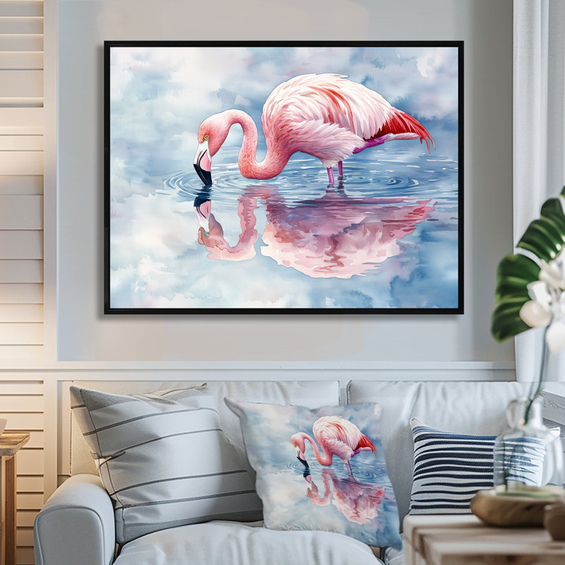 Flamingo Reflections By The Lake I - flamant rose, art mural, H 12 po x l 20 po, Avec cadre, Noir