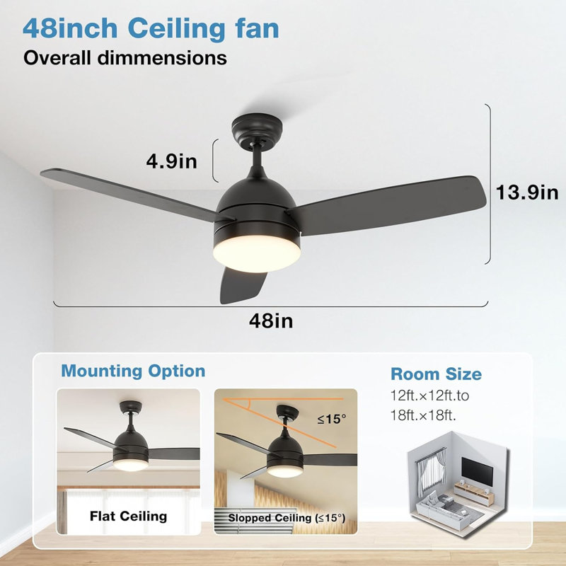 Demy 48'' Ceiling Fan with LED Lights and Remote Control 3-Blades