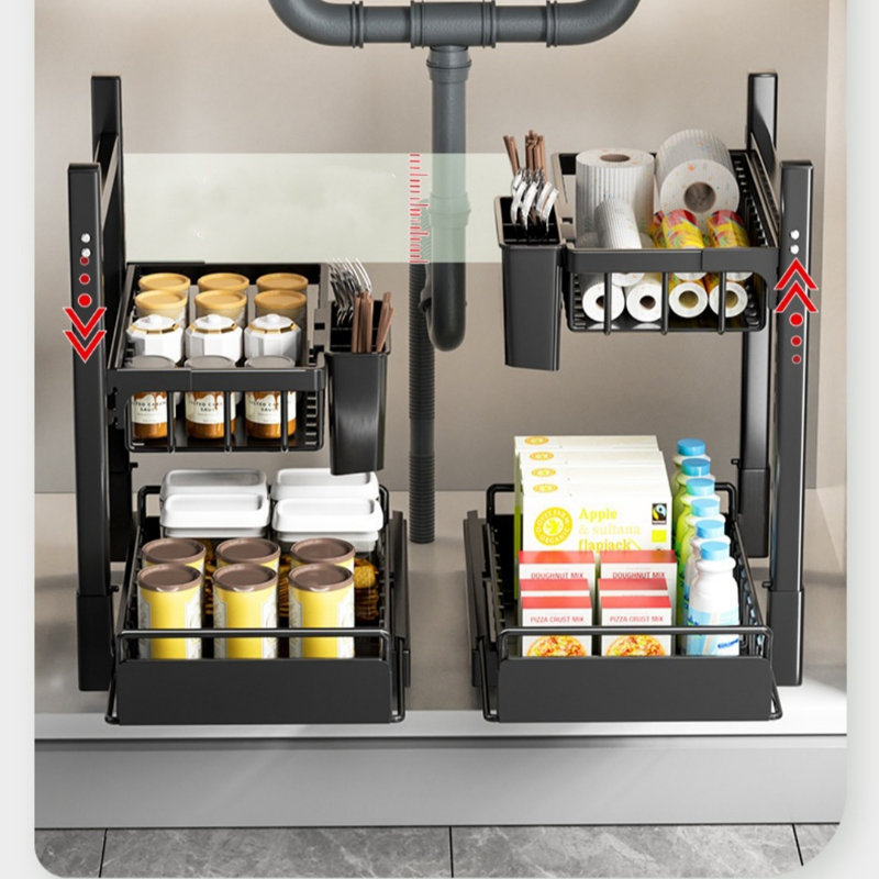 Pull-Out Kitchen Sink Organizer With Adjustable Height, Multi-Functional Spice Rack For Under Cabinet Storage