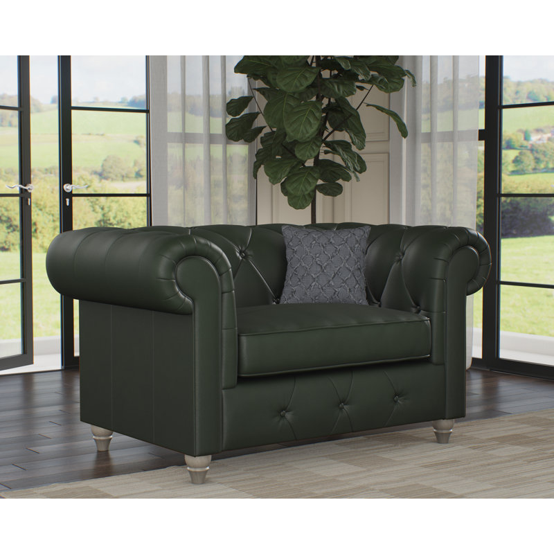 Melrose Leather Chair And A Half, Hunter Green, Washed Oak