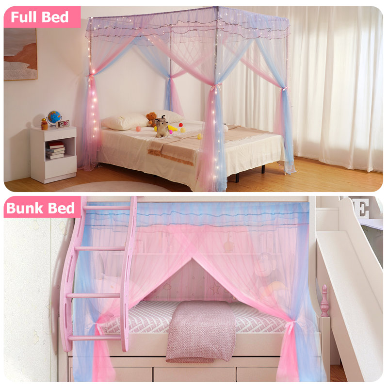Rainbow Canopy Bed Curtains with Lights - Princess Bed Canopy for Girls - Bed Drapes Netting- Bedroom Decoration Accessories, Full/Queen Size