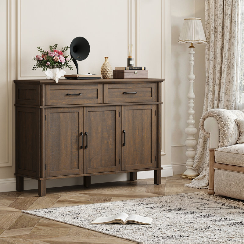 Buffet Buffet avec tiroirs, tablettes et portes, H 34,2 po x l 47,2 po x P 14,9 po, Marron foncé