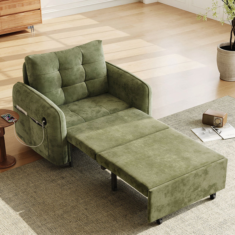 Canapé-lit 3 en 1, méridienne escamotable extra longue de 80 po avec charge USB, poches de rangement et boîte, conception capitonnée, canapé-lit simple en chenille multifonctionnel pour le salon et l’appartement