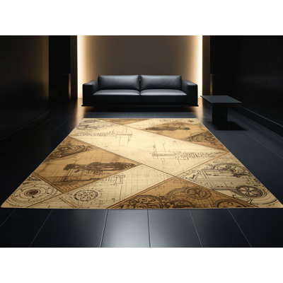 Soft Plush Cadwall Industrial Machine Drawing Traditional Vintage Look Area Rug in Brown – Beige Binding