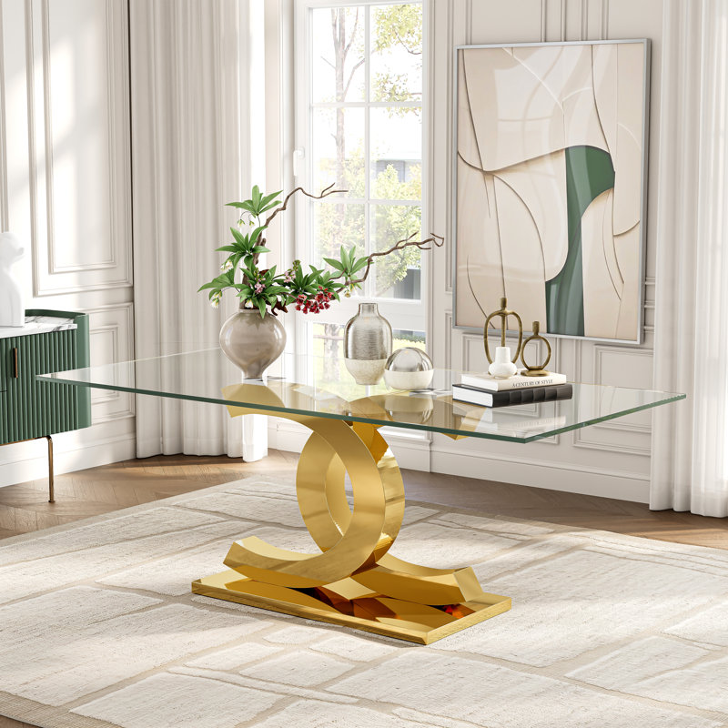 Modern Dining Table Set, 78.7” Rectangular Glass Dining Table with PU Leather and Mirror Stainless Steel Chairs, Gold