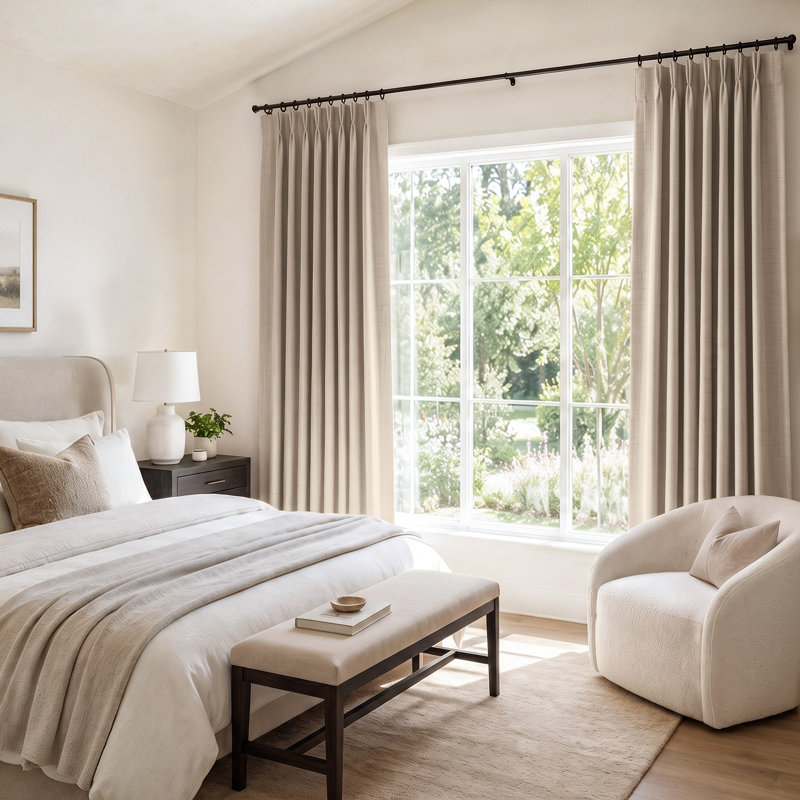 100% Blackout Curtains Polyester Faux Linen Fabric Pinch Pleated Drapes With 20 Hooks Blackout Curtains For Bedroom/Living Room ( 2 Panels Set)
