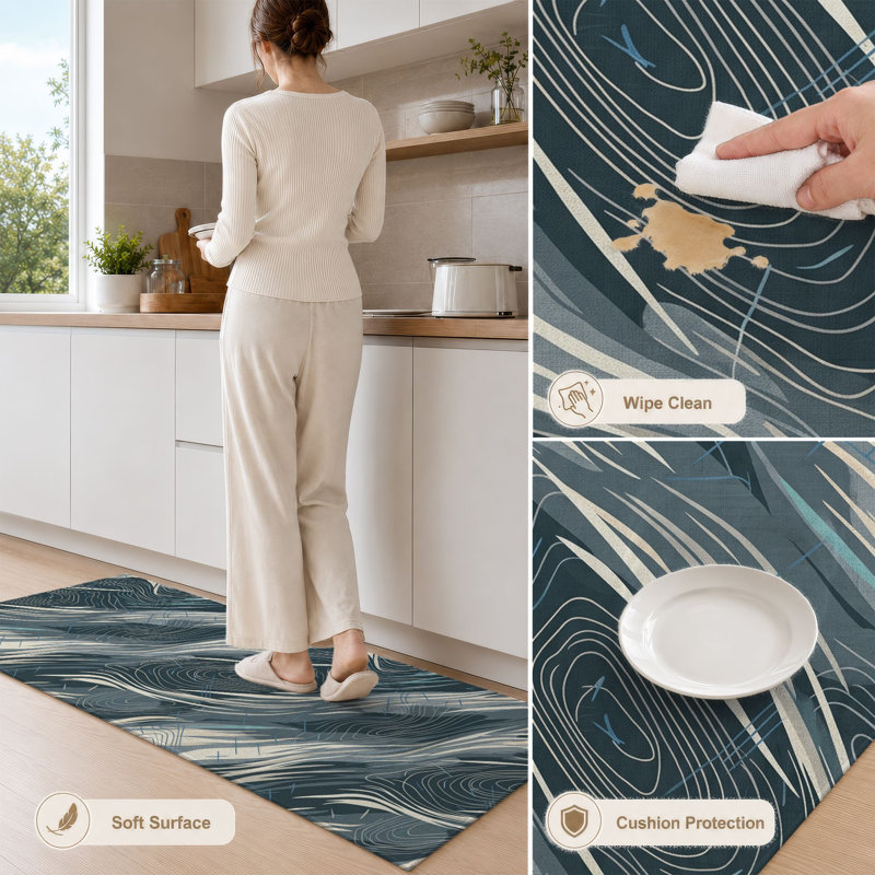 Wave Blue Non-Slip Washable Kitchen Mats