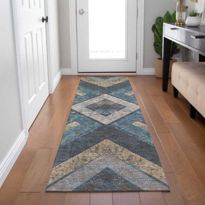 Machine Washable Indoor/Outdoor Xhevrie Navy Rug, Runner 2'3" x 7'6"