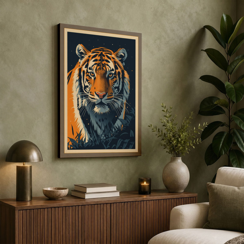 Tiger in Night Japandi - Wrapped Canvas, 18x12 - 45.7 x 30.5 cm, Ochre Border
