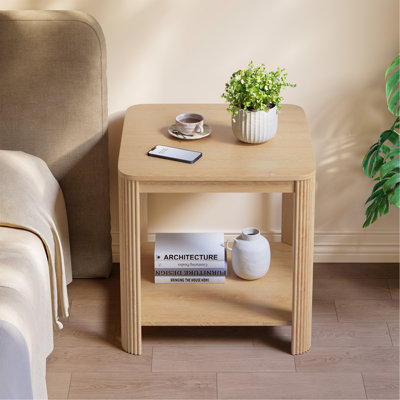 Table de bout d'angle arrondie avec pieds à grain vertical, table d'appoint Boho à 2 niveaux, table de chevet carrée de 22,1 po pour les petits espaces, pour le salon, la chambre à coucher, le bureau personnel, le chêne.