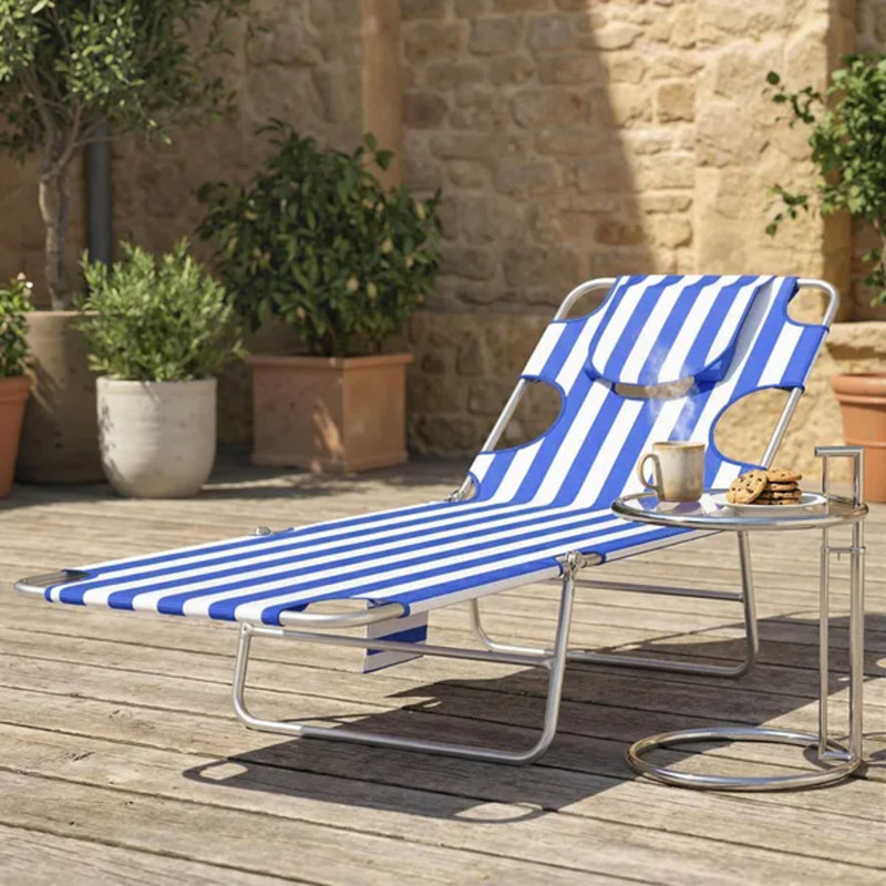Méridienne de bronzage réglable à 5 niveaux avec trou pour le visage et coussin pour la plage et la piscine, Bleu