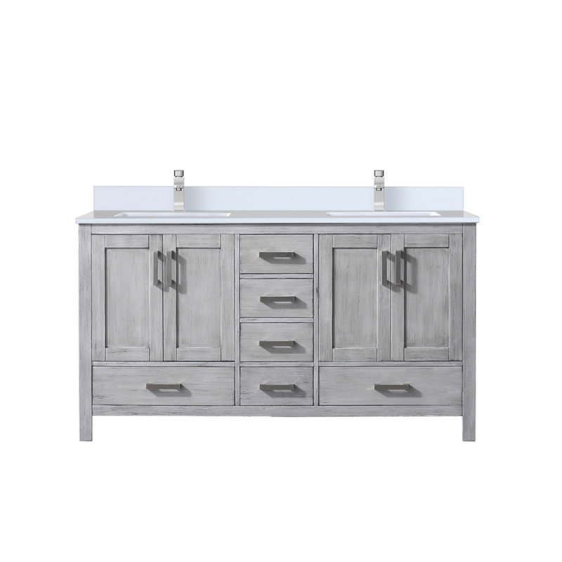 Meuble-lavabo double gris patiné 60 po X P 22 po D, dessus en quartz blanc et ensemble de robinet