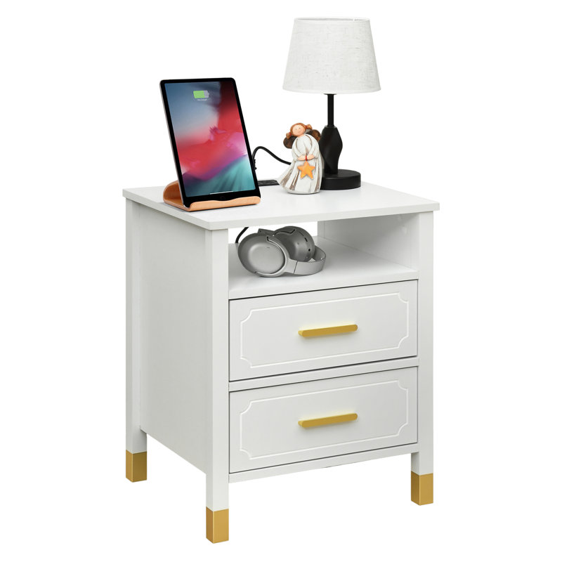 Table de chevet 2 tiroirs avec station de charge Melton, table de chevet avec tiroirs de rangement, table de chevet pour chambre à coucher, table de bout ou table d'appoint pour le salon, P 15,5 po x l 18,9 po x H 24 po