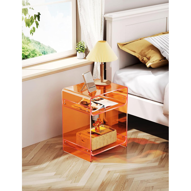 Table With Storage Shelf, Clear Side Table Nightstand, Orange