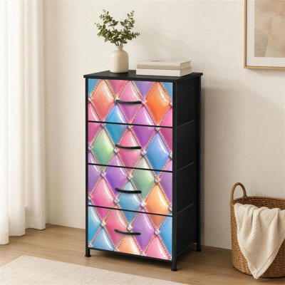 Commode à 4 tiroirs pour chambre à coucher avec détails de paillettes colorées et paillettes à détails pastel et petite commode pour vêtements