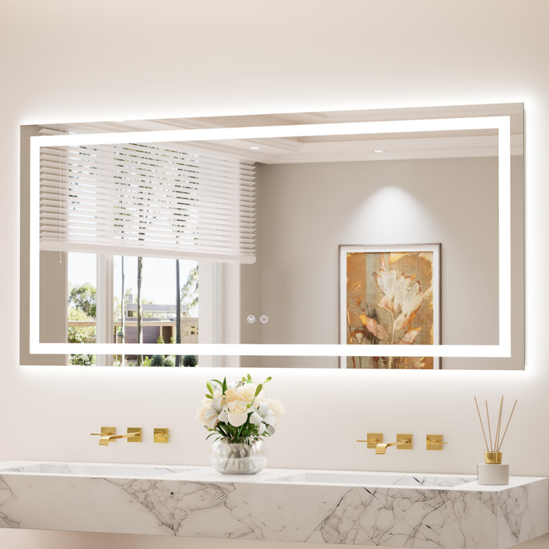 Front & Back LED Lighted Tempered Glass Dimmable Anti Fog Bathroom Vanity Mirror, 60" x 28"