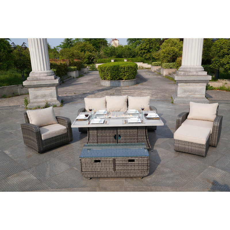 Wicker 5 - Person Patio Conversation Set with Cushions, Gray