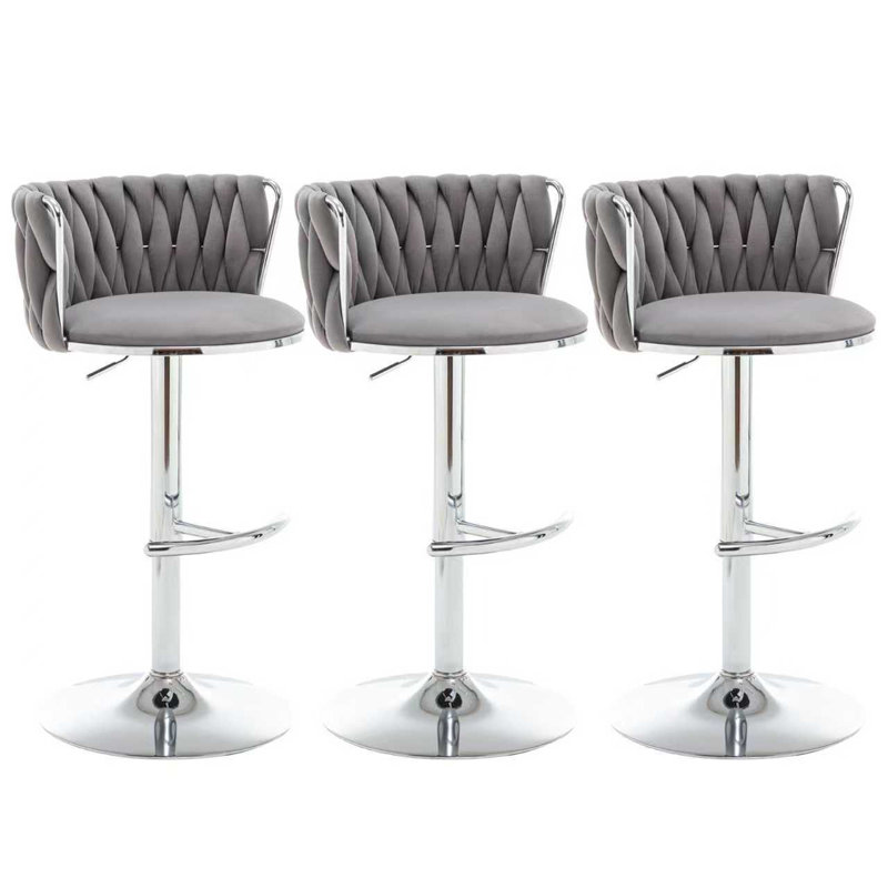 Velvet Bar Stools Set Of 3, Counter Height Bar Chairs With Low Back, Gold Swivel Bar Stools For Kitchen Island, Bar Pub, Gray