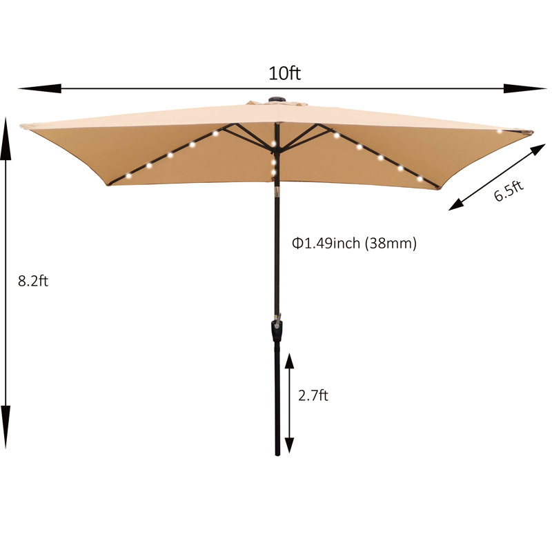 Rectangular Patio Solar LED Lighted Outdoor Market Umbrellas  with Crank and Push Button Tilt, Tan