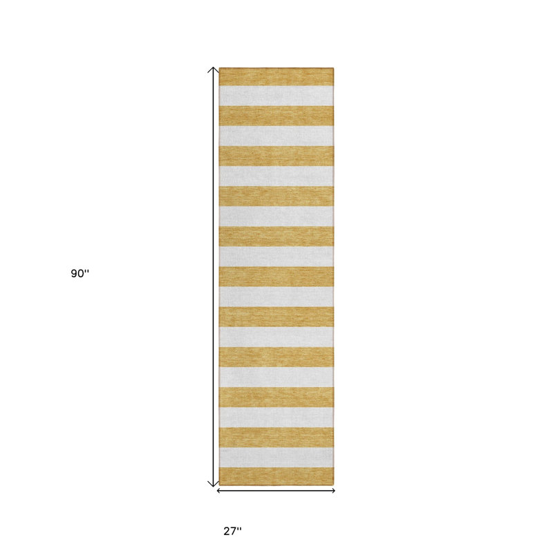 8' Runner Gold Striped Washable Non Skid Indoor Outdoor Runner Rug