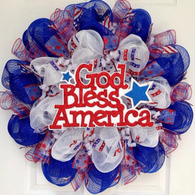 Patriotic Wreath with Glittering God Bless America 24 inch diameter Indoor/Outdoor Handmade Deco Mesh
