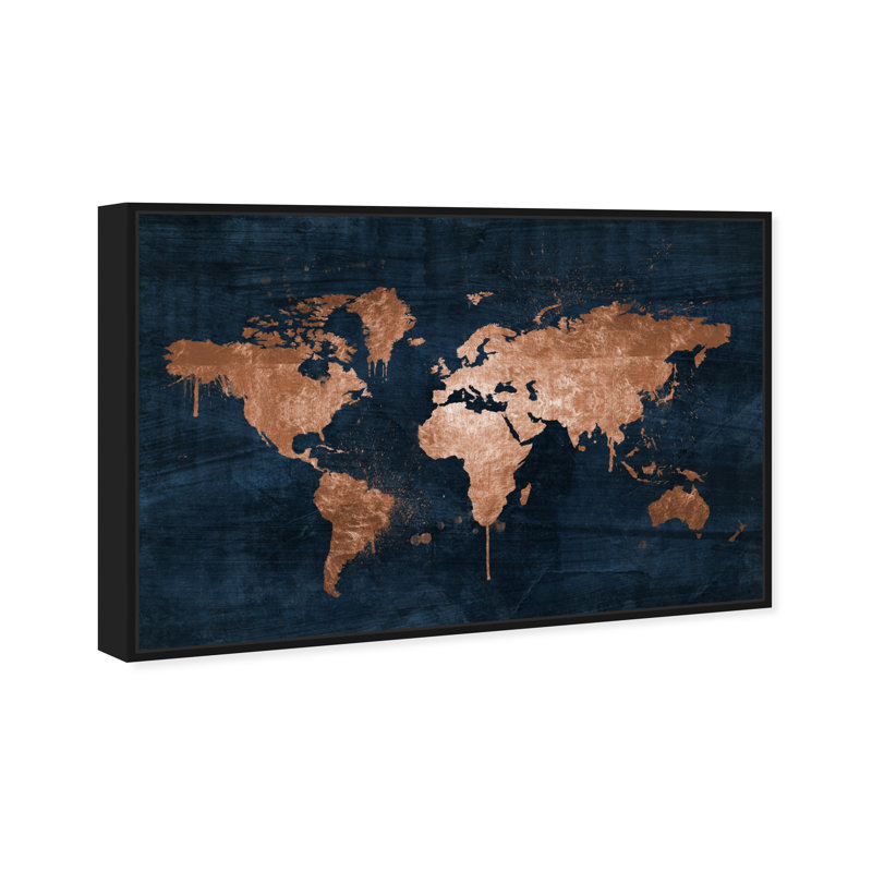Mapamundi - carte du monde moderne, Toile avec cadre noir, H 10 po x l 15 po x P 1,75 po