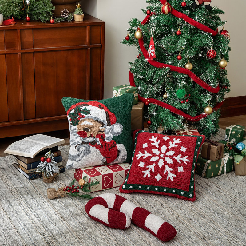 Green Loop Tufted Santa Claus Christmas Throw Pillow Cover 17" X 17", Green Santa
