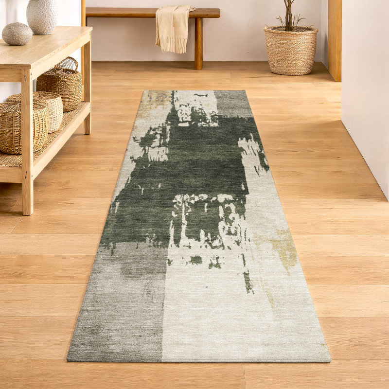 Premium Machine Washable Mayfield AMF2347 Abstract Rug, 2'3" x 7'6" Runner, Olive