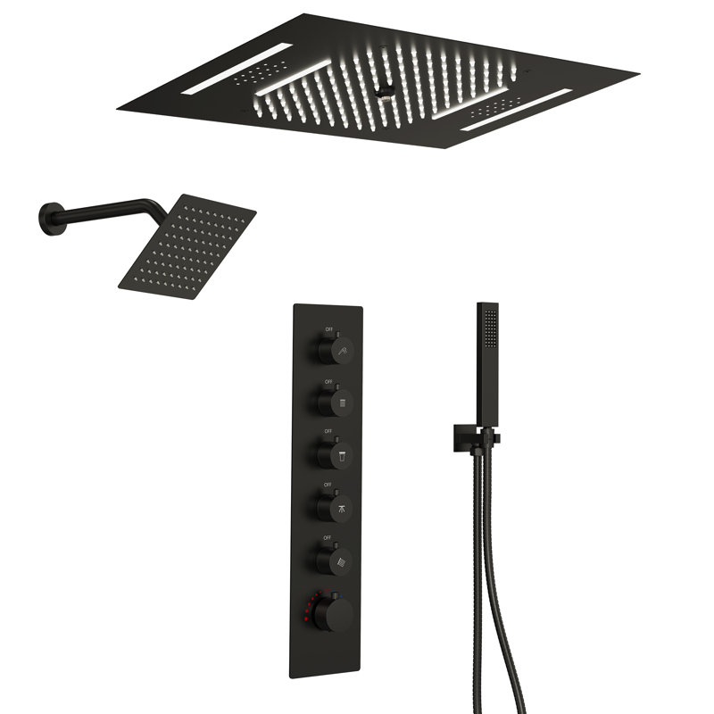 LED Bluetooth Music Thermostatic Rain Shower System with Dual Shower Heads and Handheld Sprayer, Matte Black