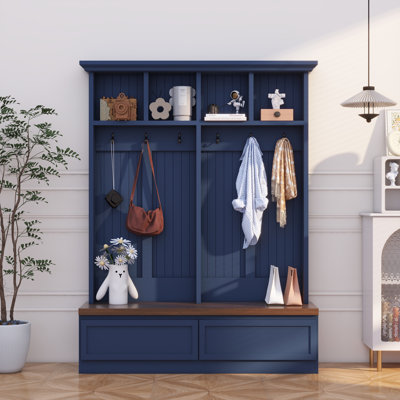 Arbre d'entrée 4 en 1 avec banc à grain de bois Farmhouse, portemanteau polyvalent Mudroom avec 2 grands tiroirs, organisateur d'entrée pour couloir, salon, bleu, l 55,9 po