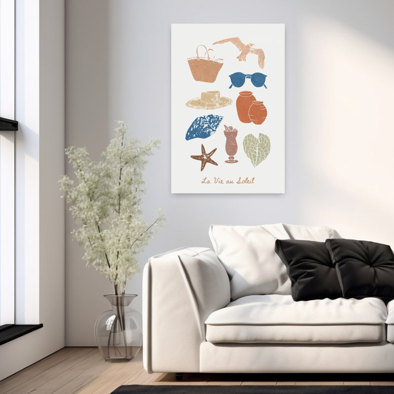 "Coastal Summer Essentials" abstrait mouette étoile de mer, art mural côtier