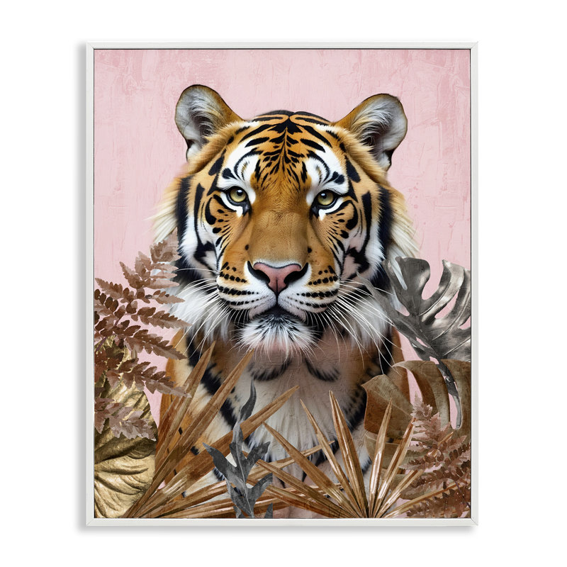 Tigre féroce sur giclée rose, design par Kim Allen, H 14 po x l 11 po, Estampe numérique encadrée blanc bord de mer