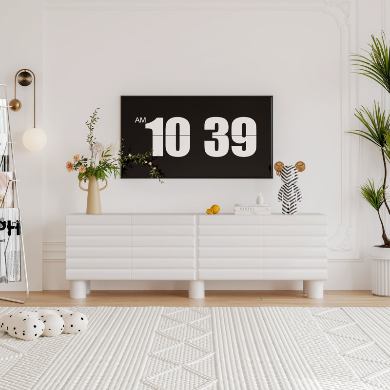 Modern Tv Stand For Tvs Up To 75", With Unique Design, Adjustable Shelves, 4 Cabinets, Cylindrical Legs & Cable Management
