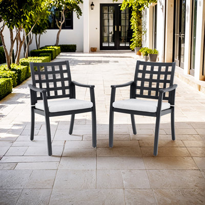 Modern Classic Cast Aluminum Outdoor Patio 2-Piece Dining Chairs, Ergonomic Lattice Backrest Design,Fabric Cushion,Weather-Resistant by Wildon Home